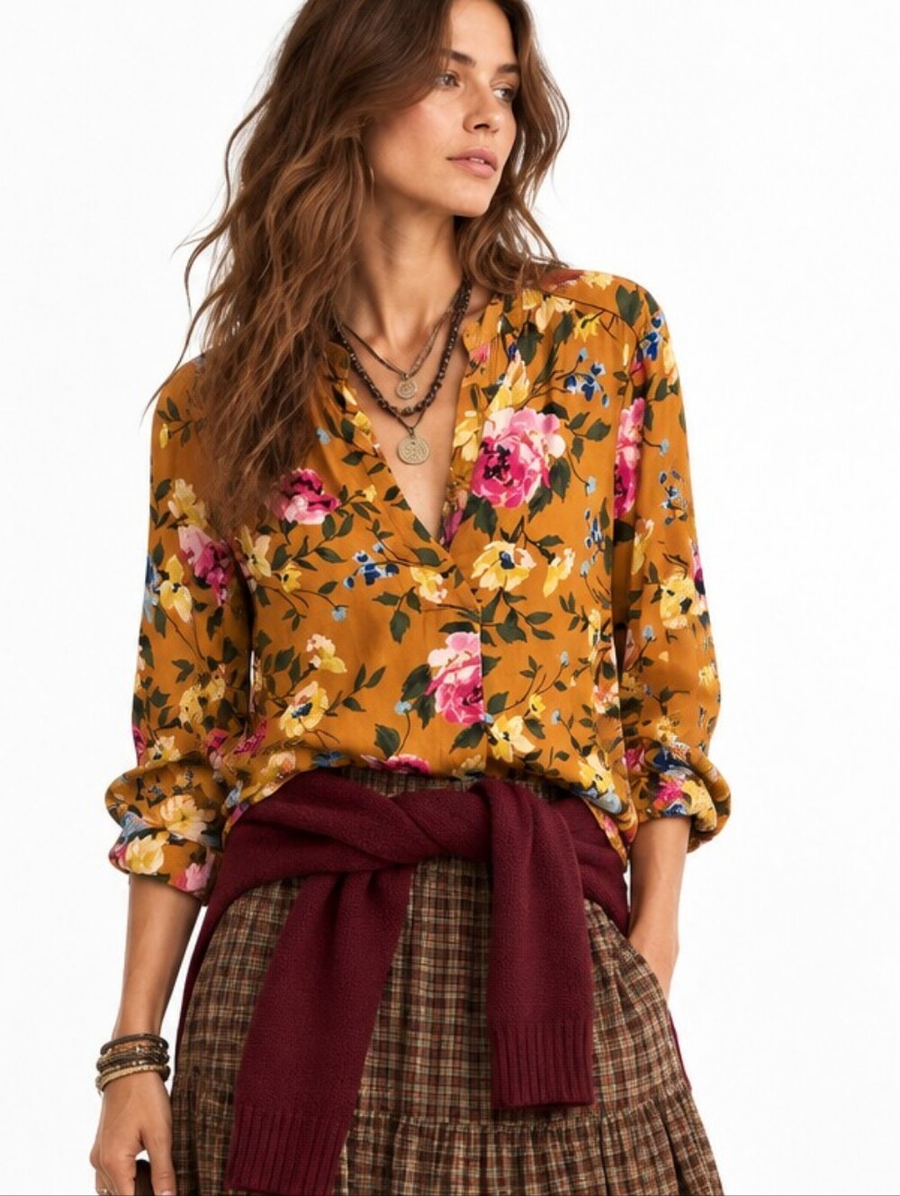 Old Navy Floral Relaxed Split Neck Blouse Long Sleeve